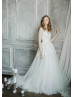 V Neck Ivory Lace Tulle Buttons Back Wedding Dress